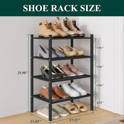 Smiry Small Bamboo Shoe Rack 4-Tier, Stackable Wooden Shoe Organizer for Entryway & Closet, Free Standing Wood Shoe Storage Shelf for Front Door & Small Spaces, Black