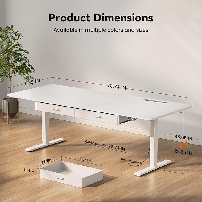 HLDIRECT Electric Standing Desk, Extra Large 79 x 31.5 Inches Height Adjustable Table with Outlets, Sit Stand Computer Desk with Drawers for Home Office, Ergonomic Rising Workstation, White