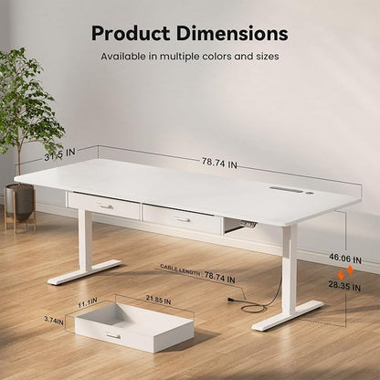 HLDIRECT Electric Standing Desk, Extra Large 79 x 31.5 Inches Height Adjustable Table with Outlets, Sit Stand Computer Desk with Drawers for Home Office, Ergonomic Rising Workstation, White