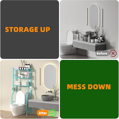 3-Tier Over The Toilet Storage, Space Saver Metal Bathroom Shelves, Freestanding Above Over Toilet Storage Shelf with 4 Hooks for Bathroom, Blue