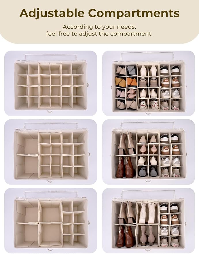 StorageWorks Shoe Organizer for Closet, Fits up to 24 Pairs, Shoe Cubby Storage Containers with Adjustable Dividers and Clear Cover, Khaki and Beige Stripes