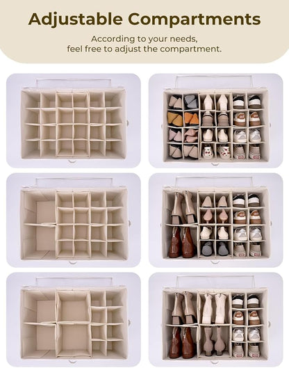 StorageWorks Shoe Organizer for Closet, Fits up to 24 Pairs, Shoe Cubby Storage Containers with Adjustable Dividers and Clear Cover, Khaki and Beige Stripes