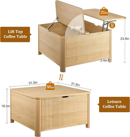 LYNCOHOME 31.5" Fluted Lift Top Coffee Table with Storage, Square Coffee Tables for Living Room, Coffee Table with Large Hidden Storage Compartment and Adjustable Shelves，Natural