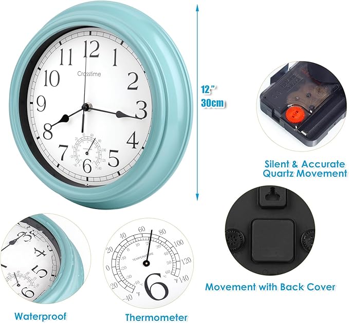 12 Inch Outdoor Clock Waterproof with Thermometer,Vintage Indoor Outdoor Wall Clocks for Patio, Pool, Garden, Bathroom Wall Decor - Teal