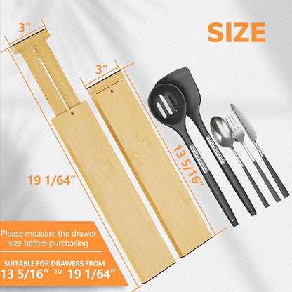 BAMEOS Bamboo Expandable Drawer Dividers – Fits 13.3"–19" Drawers, 3" Deep Walls, Set of 4 | Spring-Loaded Separator for Deep Kitchen & Bathroom Drawers, Prevents Items Falling Over