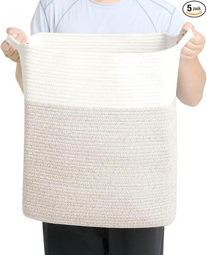 Tall Laundry Basket With Handles,Woven Cotton Rope Big Laundry Hamper Sorters,Versatile Storage for Dirty Clothes,Baby Toys,and Blankets in Bathroom, Nursery,and Living Room (White Brown, 68L)