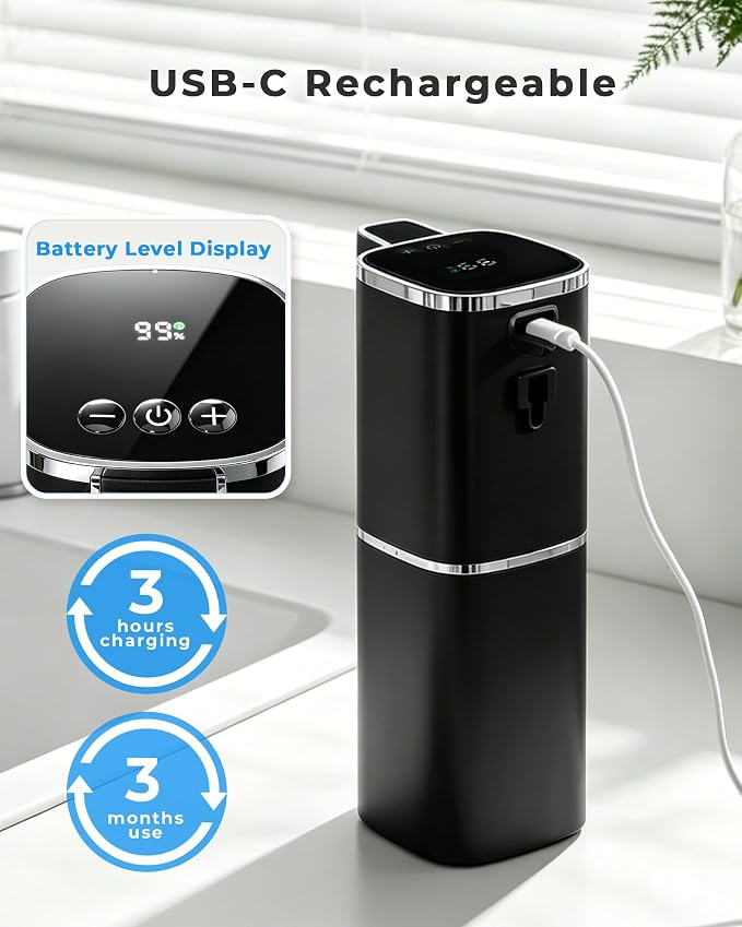 2 Pack Automatic Liquid Soap Dispenser, 13.5oz/400mL, USB Rechargeable, 9-Adjustable Liquid Levels, IPX5 Waterproof, Touchless & Wall/Tabletop Use for Kitchen Bathroom, Black