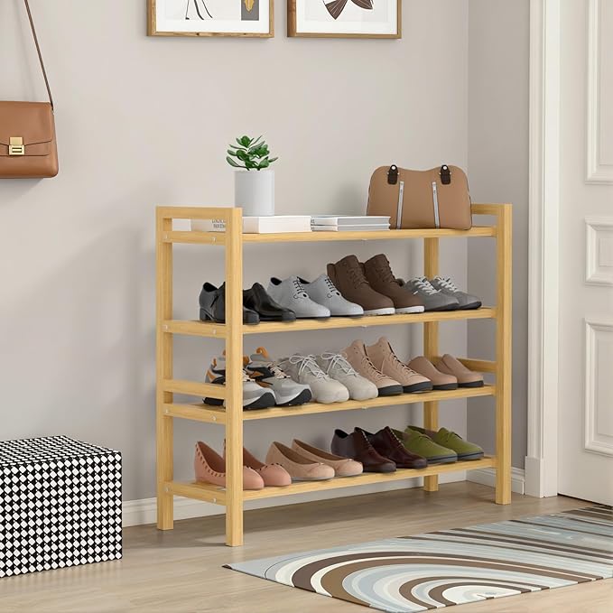 Haddockway Bamboo Shoe Rack for Closet, Free Standing Shoe Organizer with Smooth Round Rods & Convenient Handles, Stackable Shoe Storage Shelf for Entryway, Hallway(Natural, 4-Tier)
