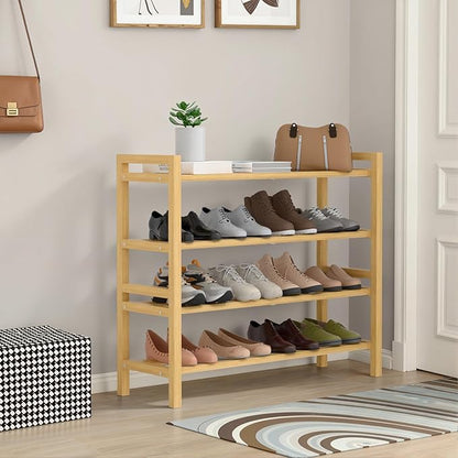 Haddockway Bamboo Shoe Rack for Closet, Free Standing Shoe Organizer with Smooth Round Rods & Convenient Handles, Stackable Shoe Storage Shelf for Entryway, Hallway(Natural, 4-Tier)