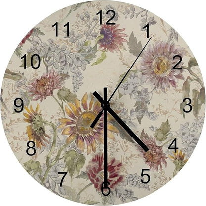 Retro Floral Wall Clock, William Morris Style Vintage Sunflower Garden Plants Herbs Flowers Round Clocks Wall Decor Silent No Ticking 12 Inch Wooden Clock for Bedroom Living Room Home Office