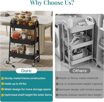 OLIXIS Metal 3 Tiers Utility Rolling Cart, Mobile Storage Shelf with Lockable Caster Wheels, Organization for Livingroom, Bathroom & Narrow Places, Black