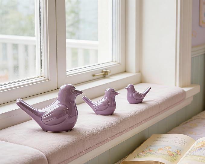 Artconal Small Purple Bird Statue Ceramic 2-Piece Set, 2¾ inch Cute Knick Knack for Home Office Shelf Desk Decor