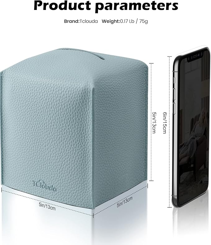 Tclouda Tissue Box Cover for PU Leather, Modern Simple Solid Color Holder Square Tissue Bag, Ideal for Bathrooms,Office,Car,Nightstand,Outdoor Tent,Dining Table,5"X5"X5", Single Blue