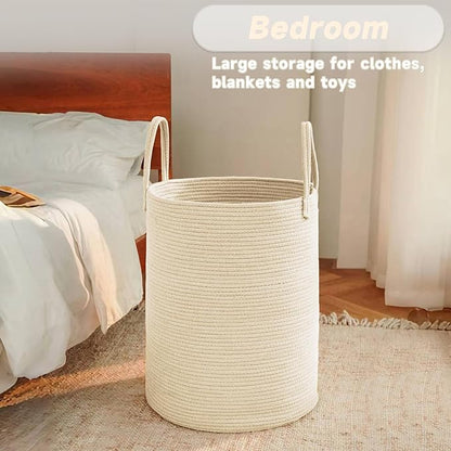 JMvicyroam Large Woven Laundry Basket Hamper,60L Cotton Rope Storage Bin for Blankets,Toys and Clothes,Decorative Tall Nursery Hamper for Living Room,Baby Nursery,Bathroom and Bedroom,Beige