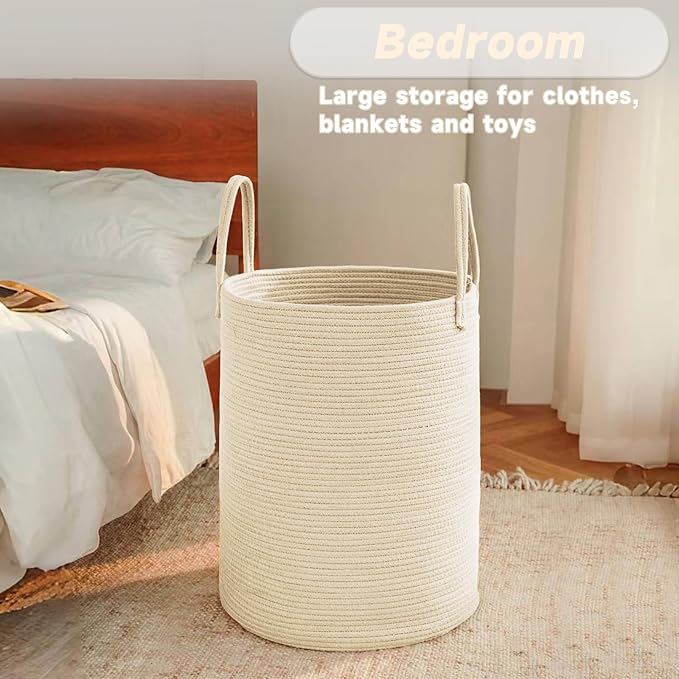 JMvicyroam Large Woven Laundry Basket Hamper,80L Cotton Rope Storage Bin for Blankets,Toys and Clothes,Decorative Tall Nursery Hamper for Living Room,Baby Nursery,Bathroom and Bedroom,Beige