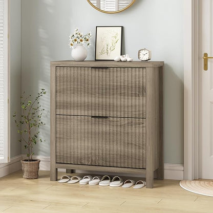 Shoe Cabinet Storage for Entryway, Fluted Shoe Cabinet with 2 Flip Drawers, Hidden Shoe Rack Tall Freestanding Shoe Organizer with Legs for Hallway, Gray