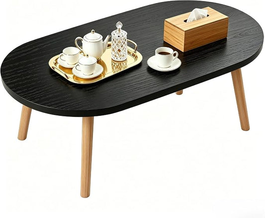 Coffee Table Low Table with Solid Wood Legs, 31.5x19.7 Large Coffee Table Side Table, Floor Table Desk for Sitting on The Floor, Living Room Furniture for Office Apartment Home, Oval Black
