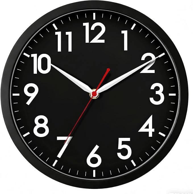 AKCISOT Wall ClockModern Black Silent Non Ticking Wall Clocks Battery Operated 10 Inch,Small Analog Classic Clock Decorative for Bedroom, Kitchen, Home Office, Bathroom, School, Living Room