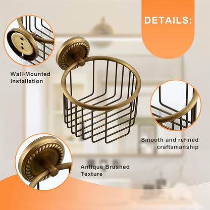 Vintage Toilet Paper Holder Wall Mounted Bathroom Roll Tissue Wire Basket, Antique Brass