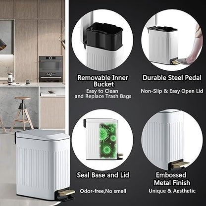 Small Bathroom Trash Can with Lid Soft Close-6L/1.6 Gal Slim Step Garbage Can-Metal Pedal Wastebasket-Narrow Rectangle Garbage Container Bin for Corner Office, Bedroom, Toilet, Live Room-White