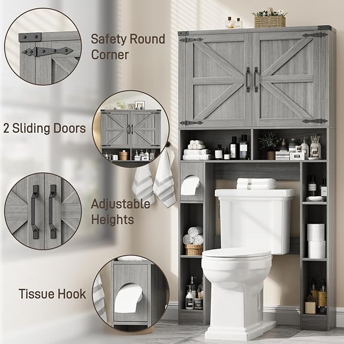 Vabches Over The Toilet Storage Cabinet, Farmhouse Storage Cabinet Over Toilet with 2 Barn Doors ，Toilet Paper Holder Stand，Home Space-Saving Toilet Rack, for Laundry, Restroom, Bathroom.Grey.