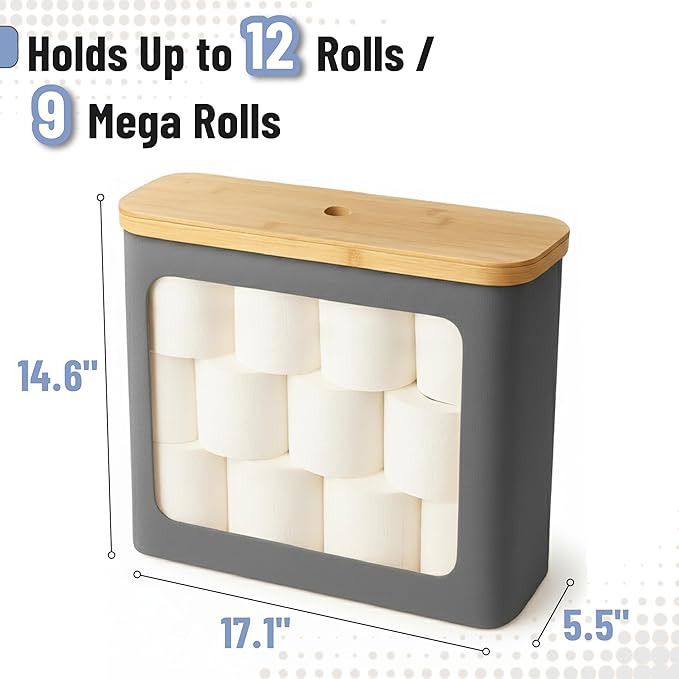 BAMBOO LAND- Toilet Paper Storage with Bamboo Lid for 12 Rolls, Gray, Waterproof Bamboo Toilet Paper Holder Basket