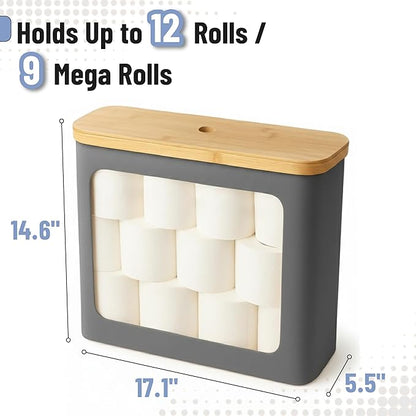 BAMBOO LAND- Toilet Paper Storage with Bamboo Lid for 12 Rolls, Gray, Waterproof Bamboo Toilet Paper Holder Basket