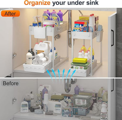 Under Sink Organizer, Bathroom Organizers and Storage, 2 Tier Multi-Use Pull Out Cabinet Organizer with Hang Hooks and Cups (White, 4 Pack)
