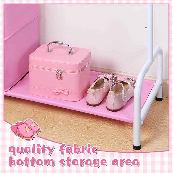 Univivi Kids Clothing Rack with Hanging Organizer, Short Toddler Dress Up Storage Rack for Hanging Clothes, Kids Wardrobe Closet for Baby Clothes, Dance Costumes, Pink/White
