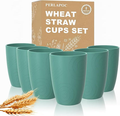 Wheat Straw Plastic Cups Set 6 PCS, 12 OZ Unbreakable Reusable Plastic Cups, Dishwasher Safe Kids Drinking Cups for Indoor and Outdoor Use, Green