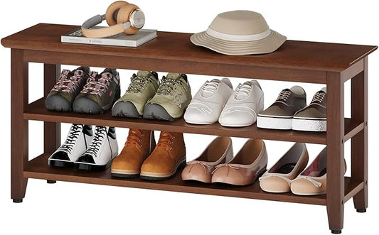 Wood Shoe Bench for Entryway,Bench with Shoe Rack,Storage Shoe Organizer for Hallway,Living Room,Bedroom (Brown, 39.37''W×11.81‘’D×17.71‘’H)