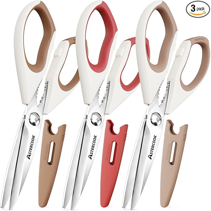 Astercook Kitchen Scissors 3 Pack, Heavy Duty All Purpose Kitchen Shears for Food and Packaging, Stainless Steel Food Scissors for Meat, Poultry, Herbs and Vegetables, Dishwasher Safe