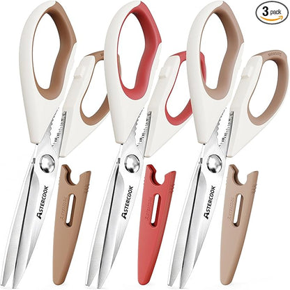 Astercook Kitchen Scissors 3 Pack, Heavy Duty All Purpose Kitchen Shears for Food and Packaging, Stainless Steel Food Scissors for Meat, Poultry, Herbs and Vegetables, Dishwasher Safe