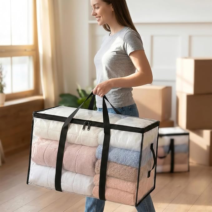 1 Pack Clear Storage Bags, PVC Foldable Blanket Storage Bags with Zipper & Handles for Sheet Organizers and Storage Closet Clothing Sweater Comforter Bedding Pillow (28.7x13.7x14.5 Inch)