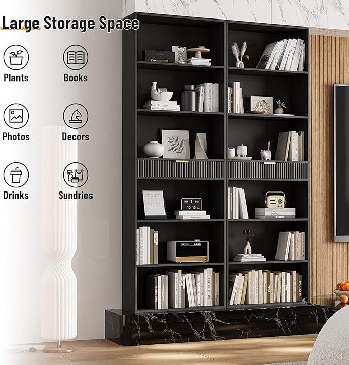 7-Tier Bookshelf with Storage, 72" Tall Bookcase with Drawer, Display Book Shelf Book Organizer with Anti-tip Device, Home Decor Wood Furniture for Office, Bedroom, Living Room, Black