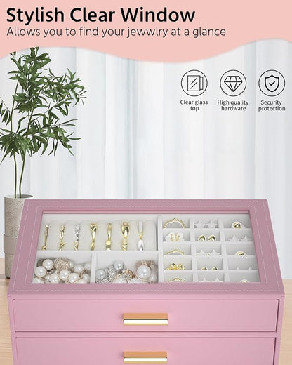 AKOZLIN Jewelry Box with Clear Lid Functional Leather Jewelry Storage Organizer Case 2 Drawers for Women Girls Necklace Ring Bracelet Earring