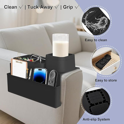 KindGa Couch Cup Holder Tray,Silicone Couch Arm Cup Holder,Couch Arm Organizer for Sofa Drinks/Phone/Remote/Snacks,Couch Armrest Recliner Armchair Caddy - Black