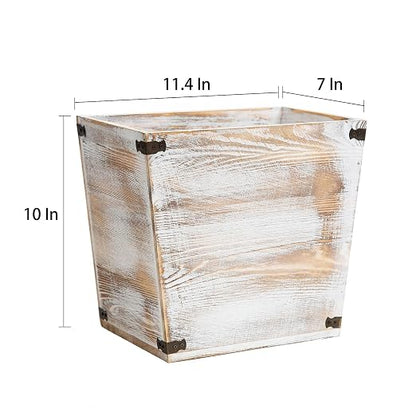 Grey Farmhouse Style Torched Wood Trash Can Waste Bin with Decorative Metal Brackets Trash Can for Bedroom,Living Room, Bathroom & Office (Washed White)
