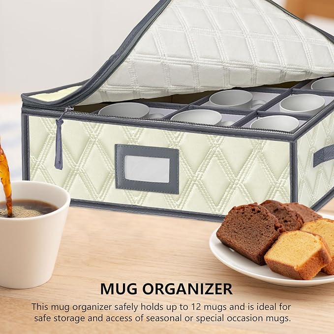 Mug and Cup Storage Box with Dividers - 1 Pack China Storage Bin Containers Holds 12 Glassware, Stackable Coffee Mug Organizer Bin and Tea Cup with 2 Metal Zipper,Label and Handles