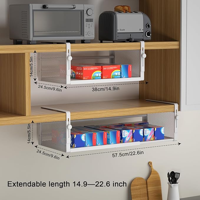 AmonHouseware 2Pack Under Shelf Basket, Adjustable Hanging Under Cabinet Shelf Storage, Hanging Holder Length Stretchable 14.9-22.6Inch for Kitchen Pantry Desk Counter Bookshelf Cupboard (White)