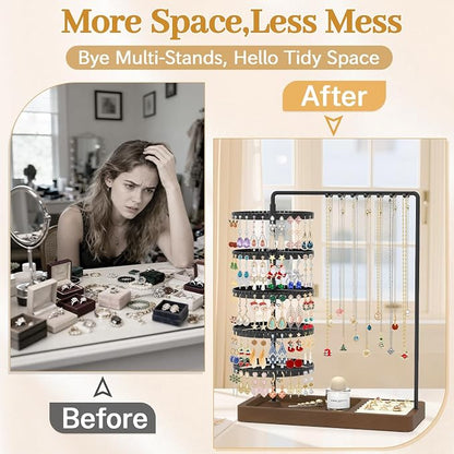 MODOWEY Earring Holder Organizer Jewelry Stand, 285 U-Slots Adjustable Rotating Earring Tree Rack, 14 Hooks Tall Necklace Display for Women, 5 Tier Compact Large Capacity Tower with Ring Tray, Black