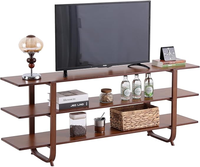 Tiita Wooden TV Stand for 65 Inch TV, Modern Media Console Table with 3-Tier Storage Shelves, Long Entertainment Center for Living Room, Walnut TV Stand with Open Display Rack