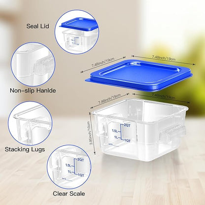 6 pcs 2qt Food Storage Containers with Lid, Square Clear Commercial Food Storage Containers with Handle and Scale for Food Storage in Home Kitchen & Dining (Blue)