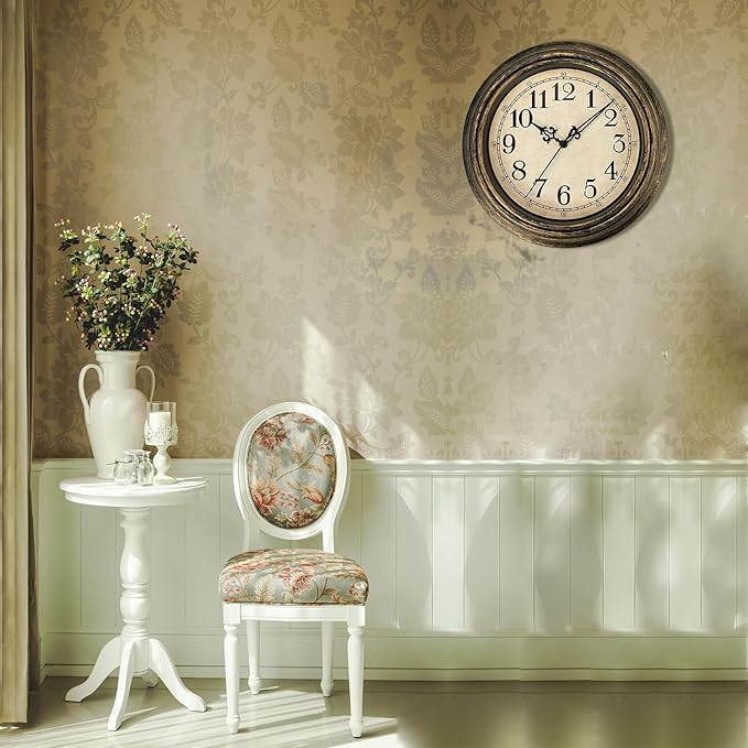 Plumeet Extra Large Retro Wall Clock, 16'' Non Ticking Classic Silent Vintage Wall Clocks Decorative Kitchen Living Room Bedroom - Battery Operated