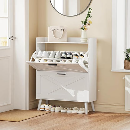 Homleke 32" W Farmhouse Shoe Storage Cabinet with 2 Flip Drawers and Barn Door Design, Adjustable Shelves, Modern Hidden Slim Narrow Shoe Rack Cabinet for Entryway, Foyer, Hallway, Living Room, White