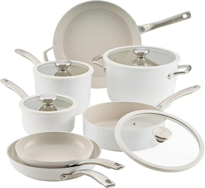 Circulon Halo with LaserDefense Ceramic Nonstick Cookware Set, 11-Piece Pots and Pans Set, Pearl White