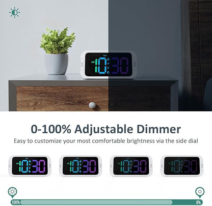 Dual Colorful Alarm Clock for Kids Bedroom - 0-100% Dimmer, 5 Alarm Sounds, USB Charger, Easy to Set, Weekday/Weekend Mode, Snooze, 12/24Hr, Battery Backup, Digital Clock for Teens Boys Bedside