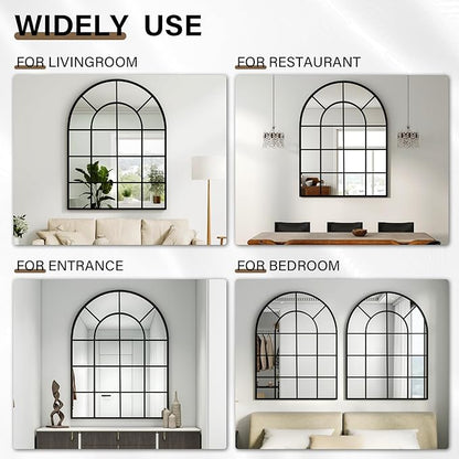 30"×40" Windowpane Arched Wall Mirror, Grid-Designed Decorative Farmehouse Wall Mounted Mirror with Metal Frame Hanging Leaning for Entryway, Living Room, Home Decor, Black