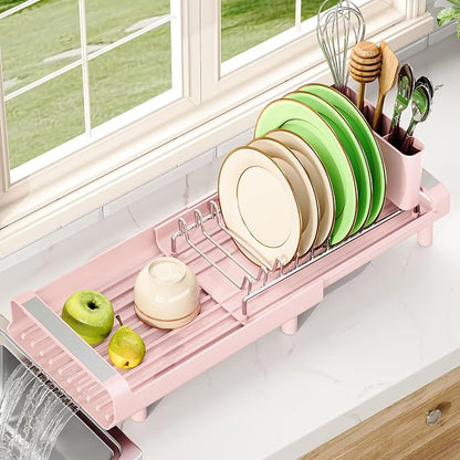 TOOLF Small Dish Drying Rack, Mini Expandable Compact Dish Rack, Slim Extendable Stainless Steel Dish Drainer for Kitchen Plate Storage, Space Saving Dish Strainer in Sink or on Home Countertop, Pink