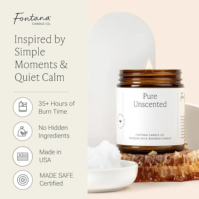 Fontana Candle Co Wood Wick Beeswax Jar Candles, Unscented - Made with Coconut Oil & Pure Essential Oils – Clean Burn, Long Lasting and Non-Toxic Candles for Home & Room Decor